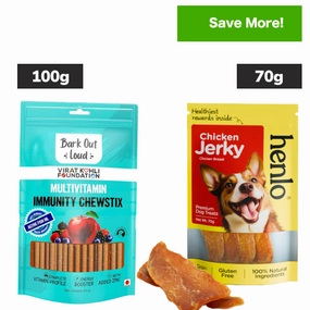 Bark Out Loud Immunity Multi Vitamin Chew Stix and Henlo Chicken Jerky Treat Combo for Dogs