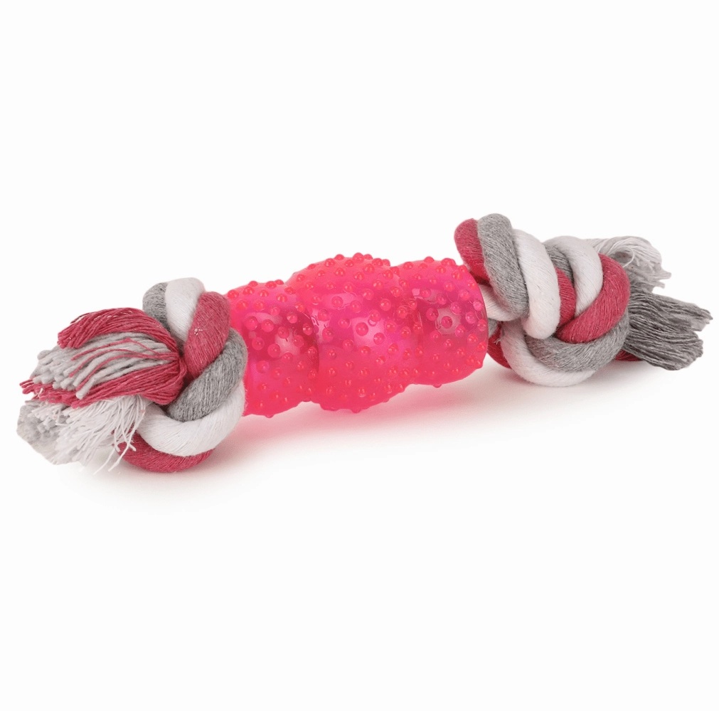 Basil Cotton Rope Rubber Chew Toy with Hard TPR Centre for Dogs (Pink)