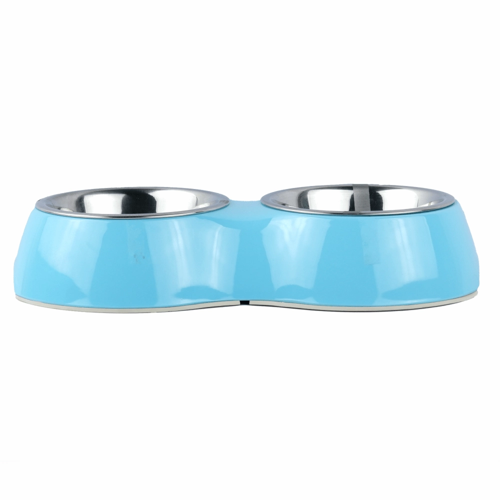 Basil Double Melamine Bowl Dinner Set for Dogs and Cats (Blue)
