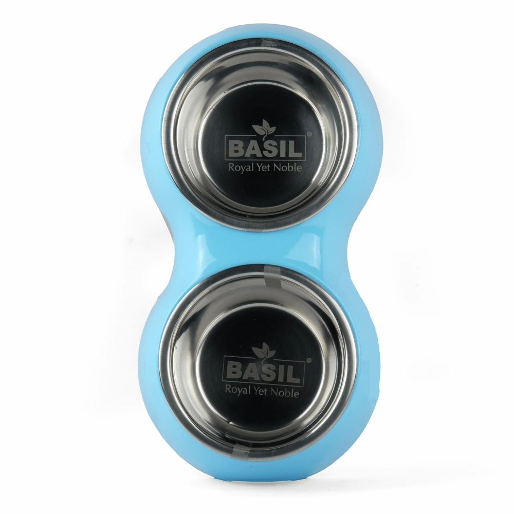 Basil Double Melamine Bowl Dinner Set for Dogs and Cats (Blue)