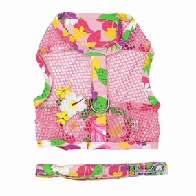 Cool Mesh Dog Harness And Leash Pink Hawaiian Floral
