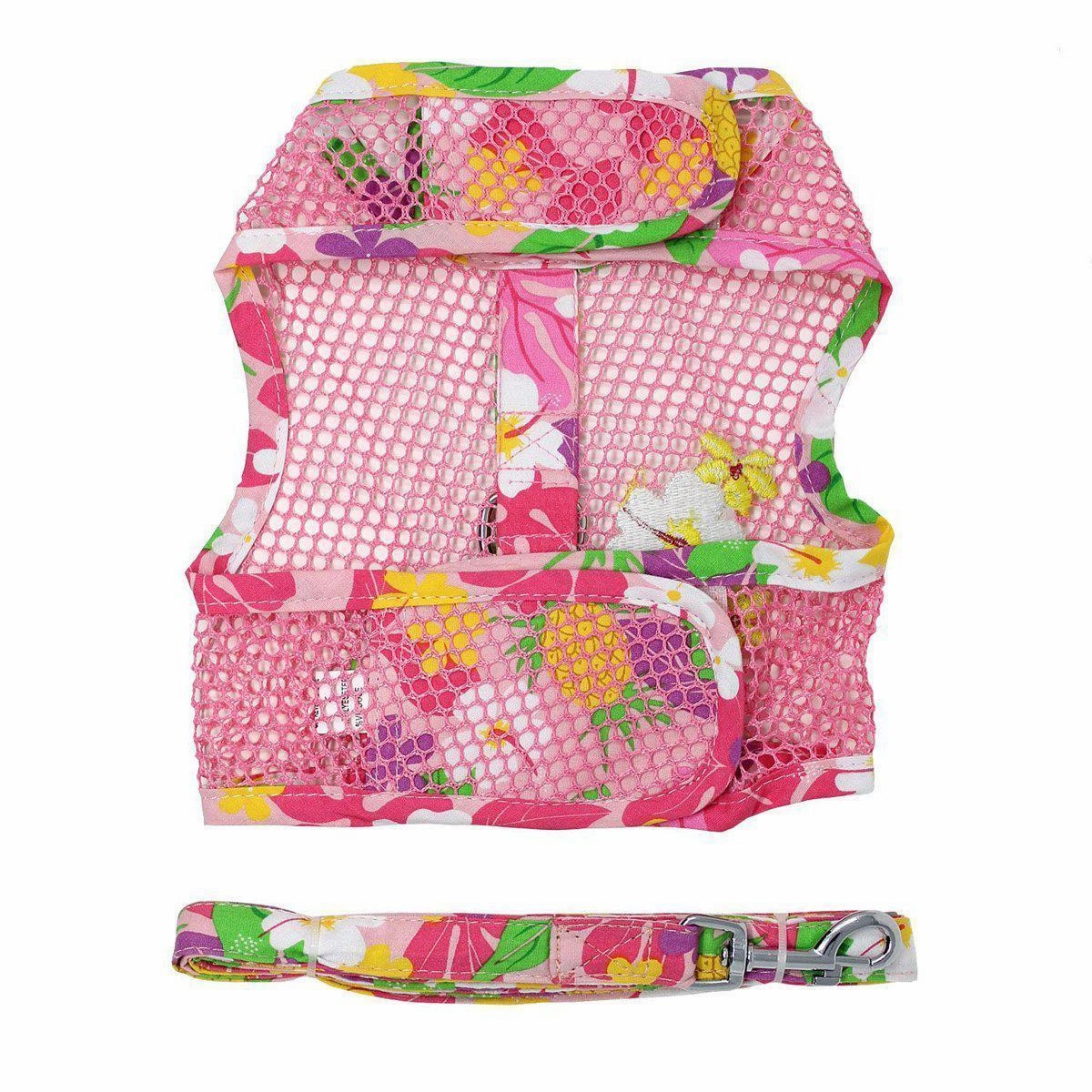 Cool Mesh Dog Harness And Leash Pink Hawaiian Floral