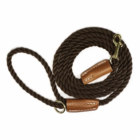 Cotton Rope 3/8" Dog Leash Brown With Leather Accents