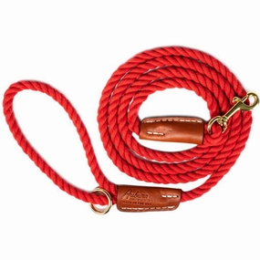 Cotton Rope 5/8" Dog Leash Red With Leather Accents