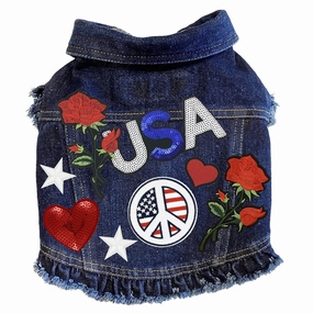 Custom Patriotic USA Denim Dog Jacket With Ruffles
