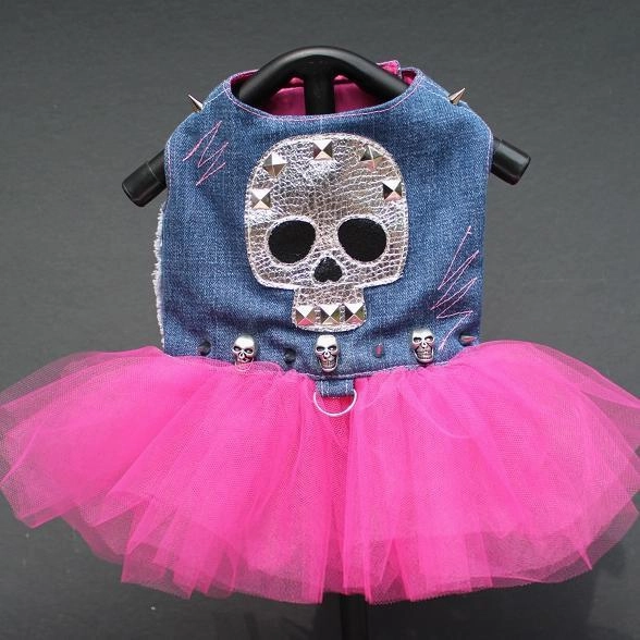 Denim Skull Rocker Harness Tutu Dog Dress