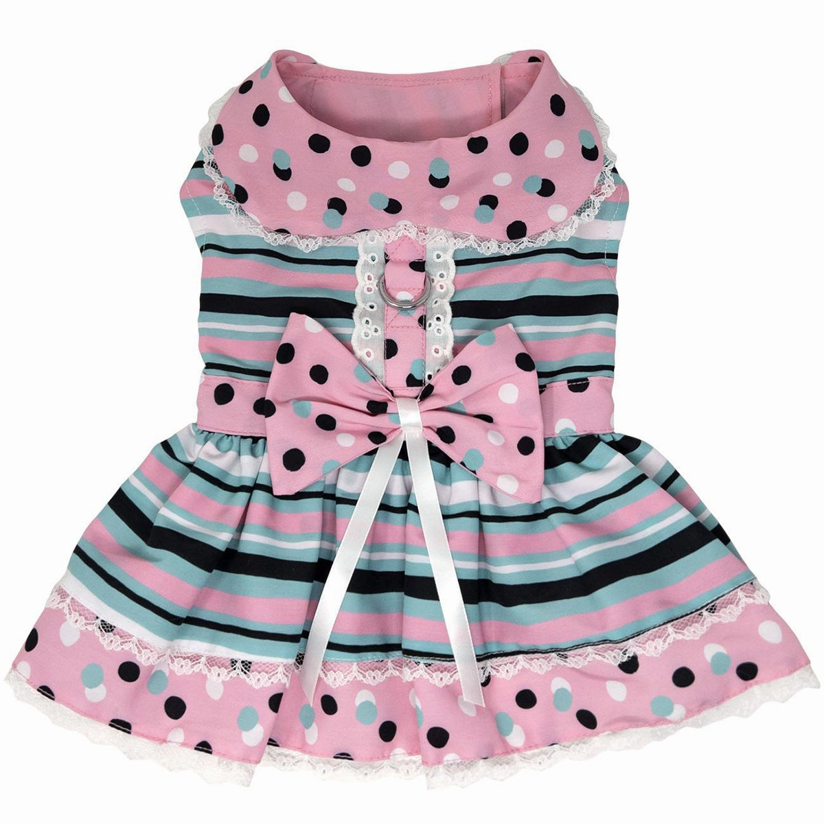 Dots & Stripes Harness Dog Dress With Matching Leash