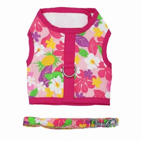 Fabric Dog Harness And Leash Pink Hawaiian Floral
