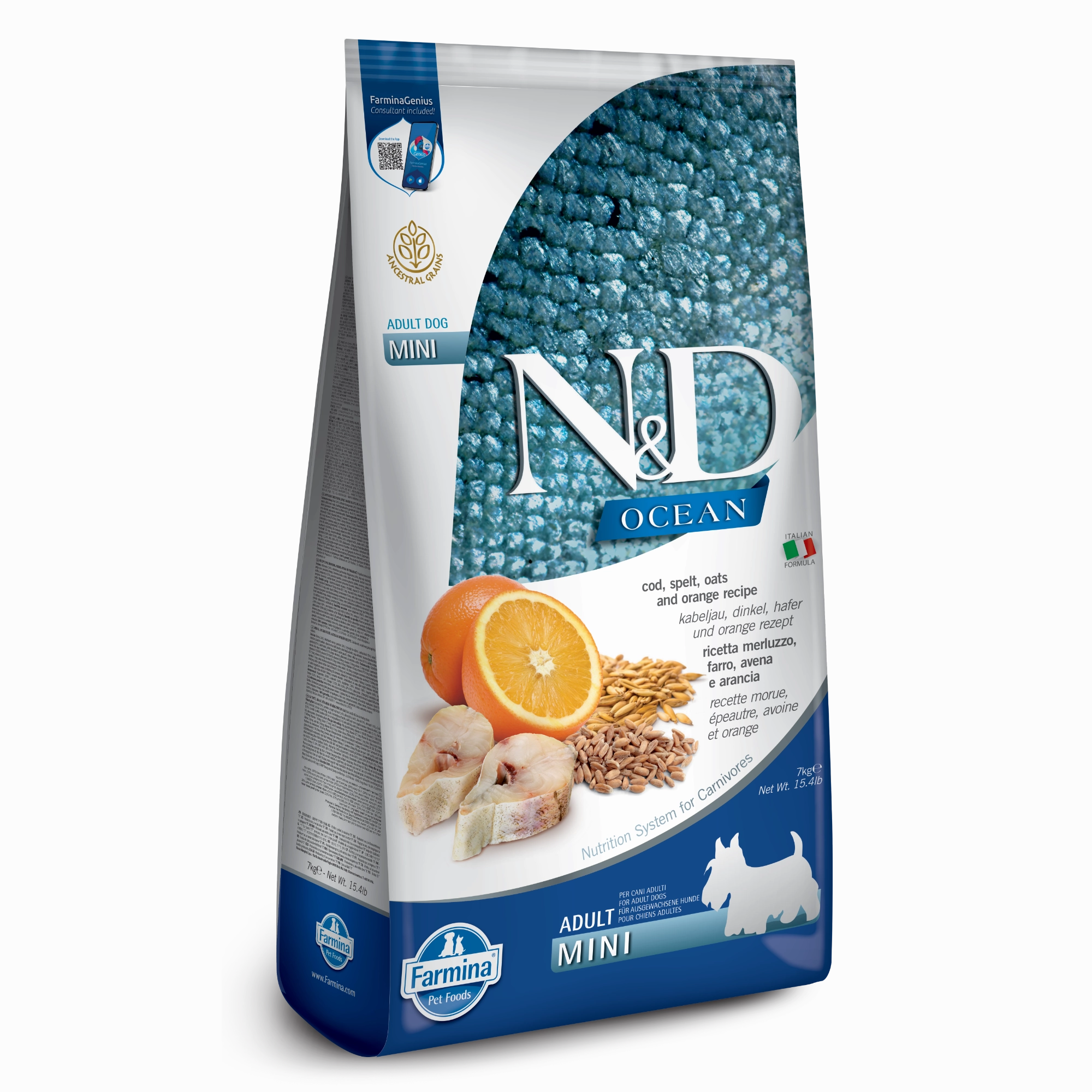 Farmina N&D Ocean Ancestral Grain Cod, Spelt, Oats & Orange Mini Adult Dry Dog Food
