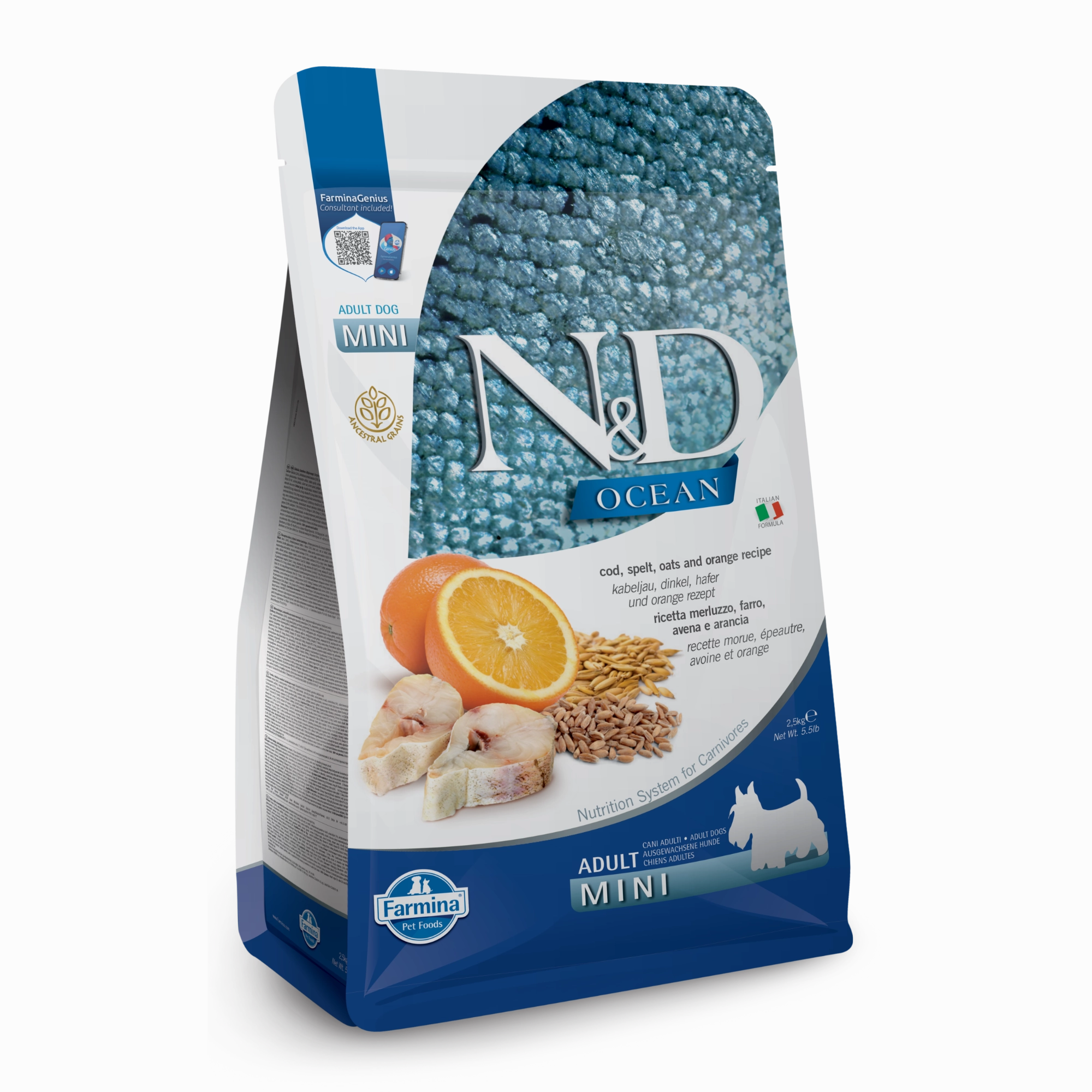 Farmina N&D Ocean Ancestral Grain Cod, Spelt, Oats & Orange Mini Adult Dry Dog Food