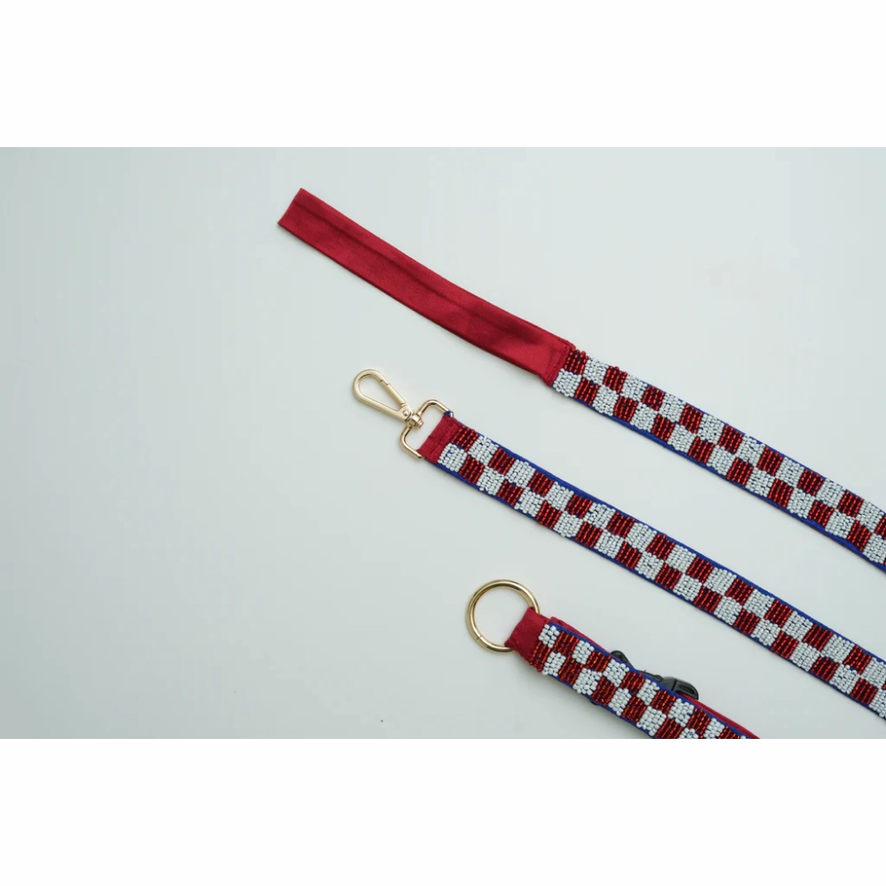 Floof & Co Checkered Leash & Collar (Maroon & White)