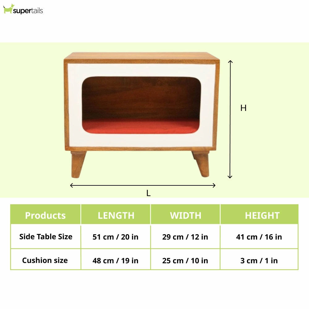 FurryLiving Telly Side Table with Cushion for Small Dogs and Cats (Honey/Red Cushion)