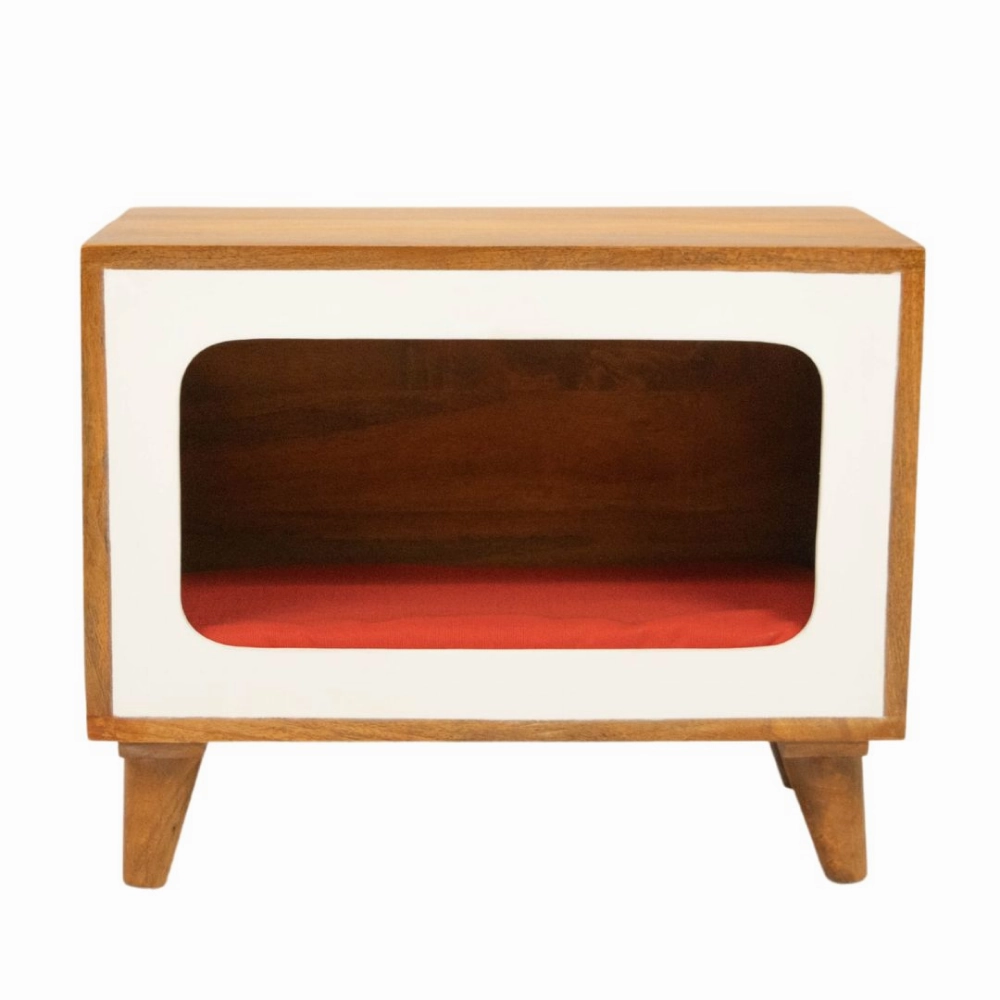 FurryLiving Telly Side Table with Cushion for Small Dogs and Cats (Honey/Red Cushion)