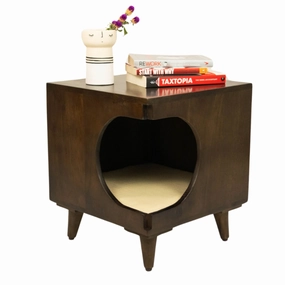 FurryLiving Wally Side Table with Cushion for Small Dogs and Cats (Dark Brown/Cream Cushion)