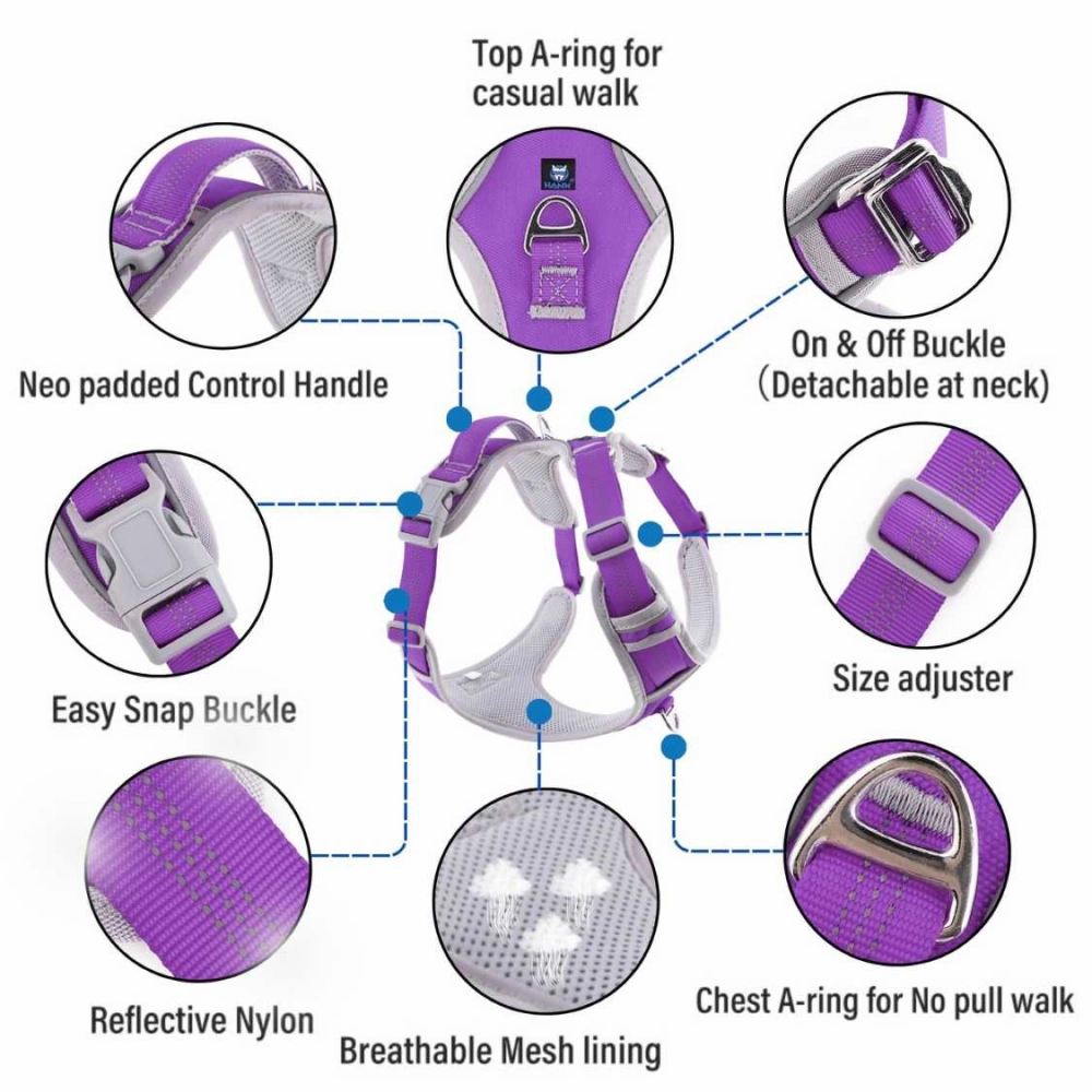 Hank 3M Reflective Harness for Puller Dogs (Grey/Violet)