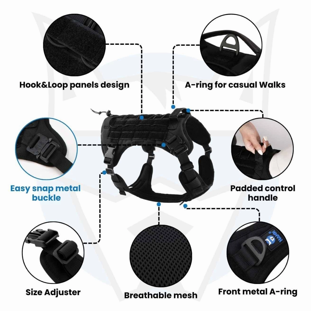 Hank No Pull Strong Front Metal Buckle Harness for Dogs (Military Black)