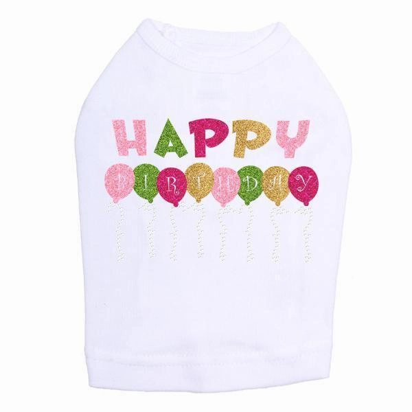 Happy Birthday Balloons Pink Rhinestone Dog Tank