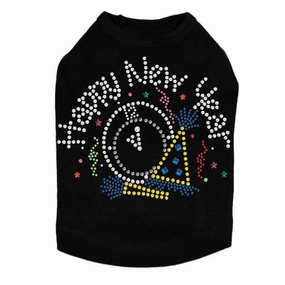 Happy New Year Clock Rhinestone Dog Tank