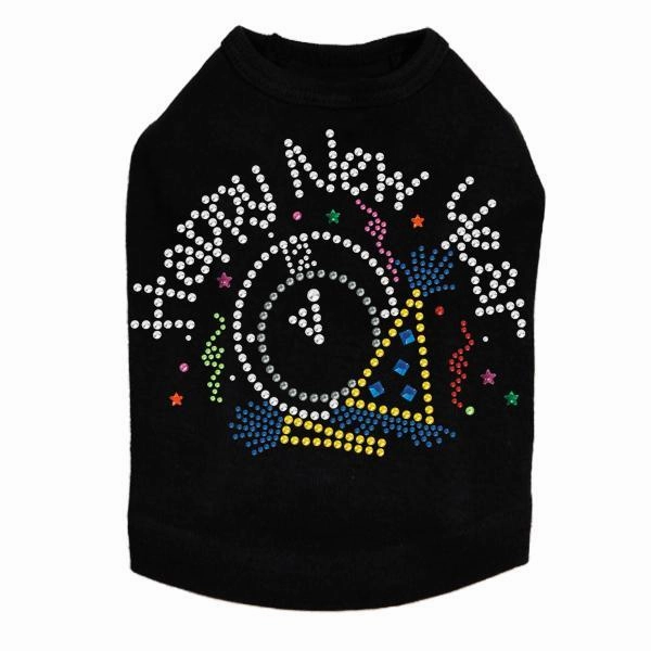 Happy New Year Clock Rhinestone Dog Tank