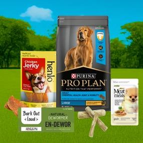 Henlo Jerky, JerHigh Soft, Bark Out Loud En Dewor Dewormer, Pro Plan Dry Food & Goofy Tails Chew Toy Limited Dog Hamper
