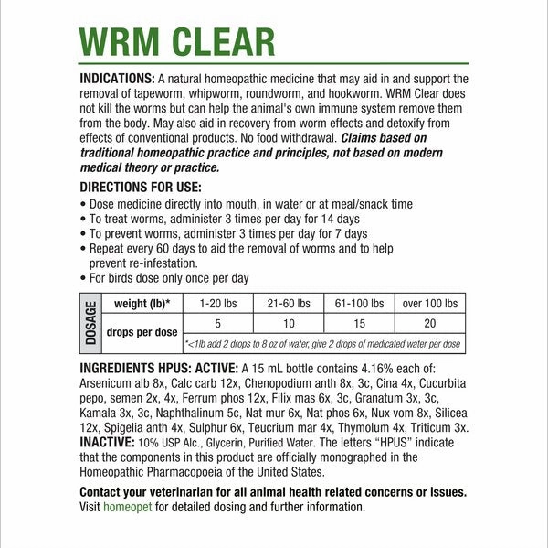 HomeoPet WRM Clear Dewormer for Hookworms, Roundworms, Tapeworms & Whipworms for Dogs & Cats
