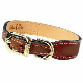 Italian Leather Dog Collar Rich Brown/Gold