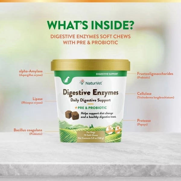 NaturVet Digestive Enzymes Plus Prebiotics & Probiotics Soft Chews for Dogs
