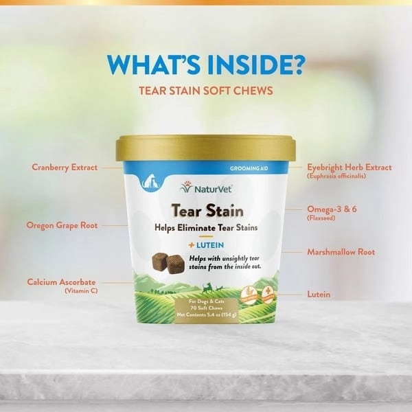 NaturVet Tear Stain Supplement with Lutein Soft Chews For Dogs & Cats
