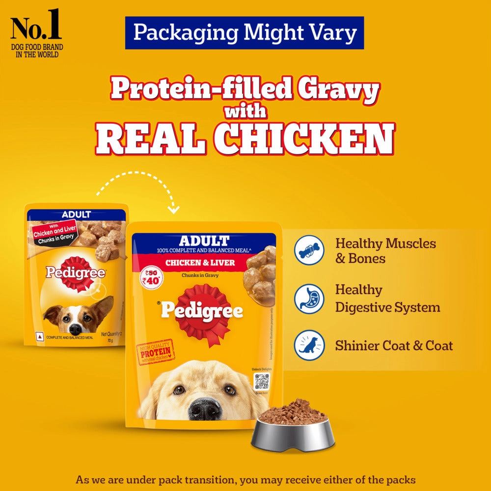 Pedigree PRO Expert Nutrition Active Adult (18 Months Onwards) Large Breed and Chicken and Liver Chunks in Gravy Wet Adult Dog Food Combo