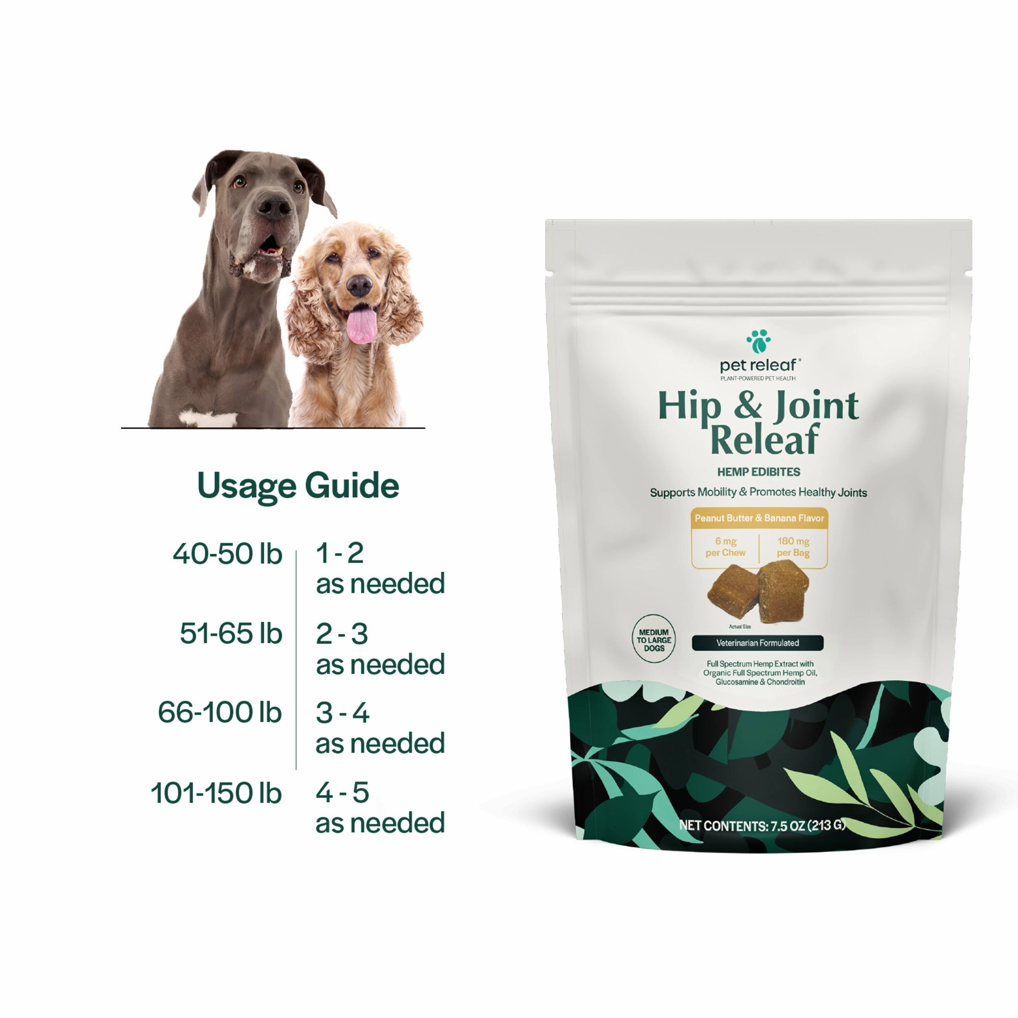 Pet Releaf Hip & Joint Releaf Edibites Peanut Butter & Banana Flavor for Medium & Large Dogs