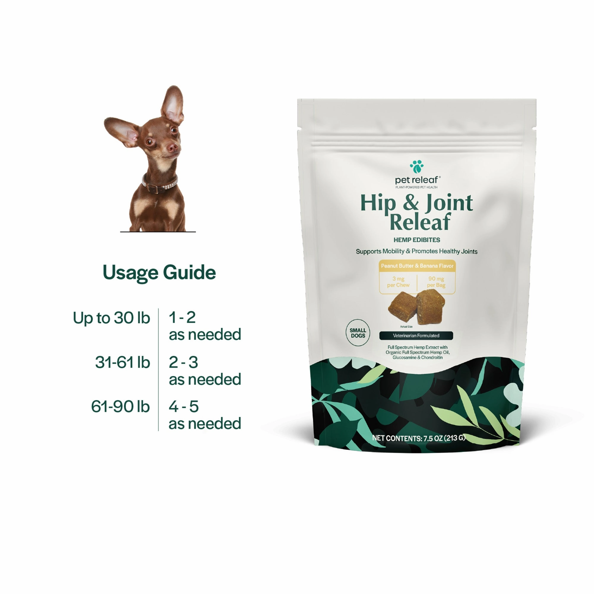 Pet Releaf Hip & Joint Releaf Edibites Peanut Butter & Banana Flavor for Small Dogs