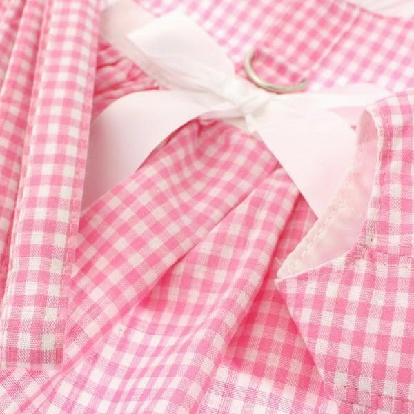 Pink Gingham/White Satin Ribbon Dog Harness Dress, Leash And Hat Medium