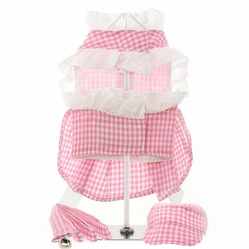 Pink Gingham/White Satin Ribbon Dog Harness Dress, Leash And Hat Medium