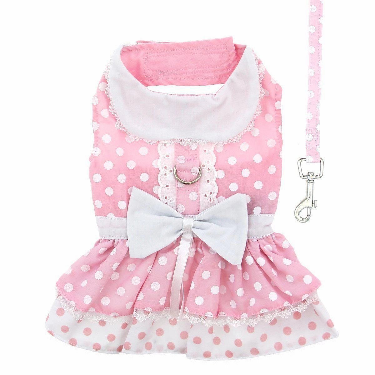 Pink Polka Dot And Lace Dog Dress With Matching Leash