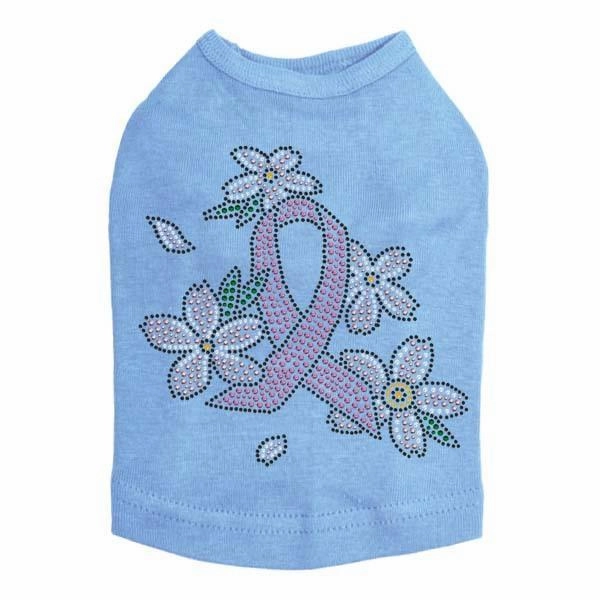 Pink Ribbon With Flowers Rhinestone Dog Tank