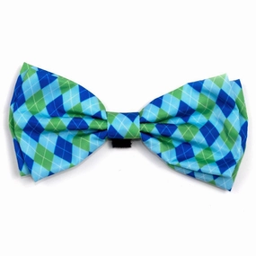 Preppy Argyle Dog Bow Tie Blue