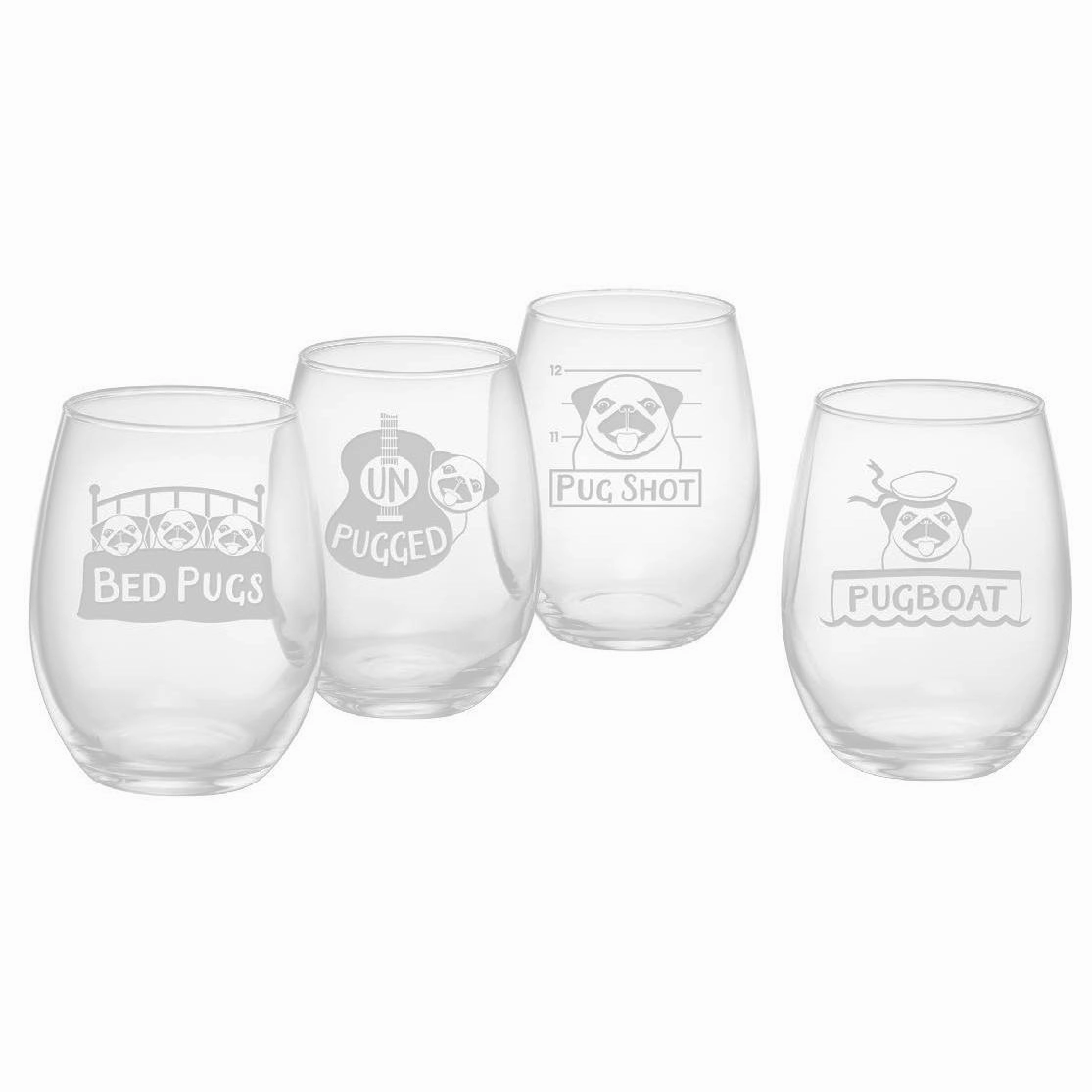 Pug Shots Stemless Wine Glasses, Set Of 4