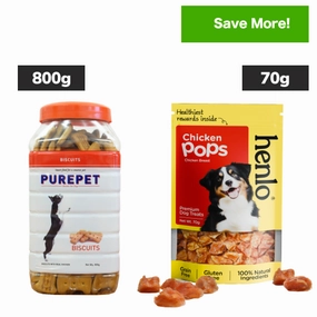 Purepet Chicken Flavour Real Chicken Biscuit and Henlo Chicken Pops Dog Treats Combo
