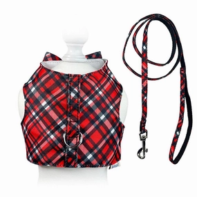 Red Plaid Dog Harness Vest With Matching Leash