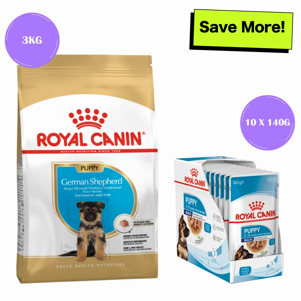 Royal Canin German Shepherd Dry Food and Maxi Puppy Dog Wet Food Combo
