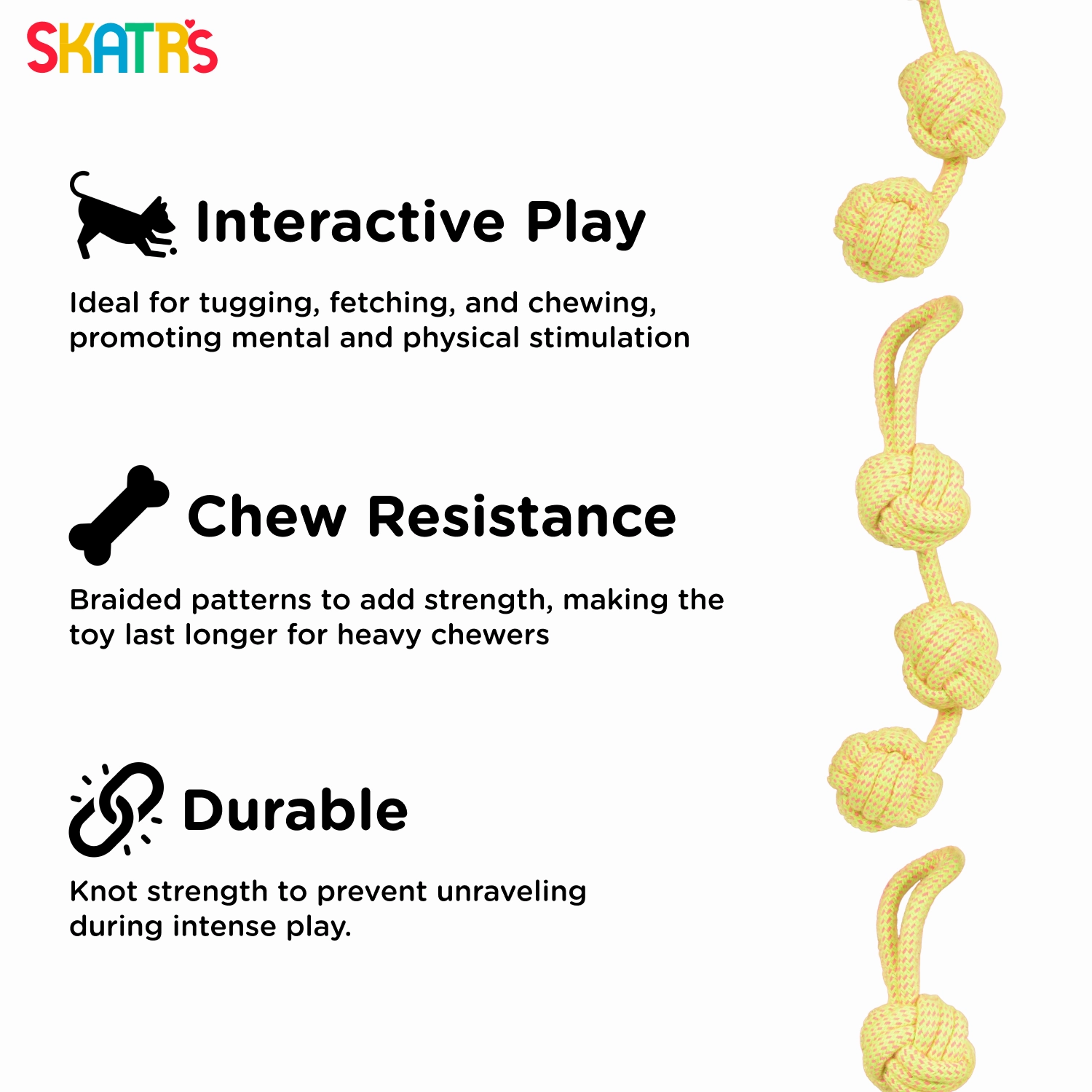 Skatrs 3 Ball Rope Tug Toy for Dogs and Cats (Yellow)
