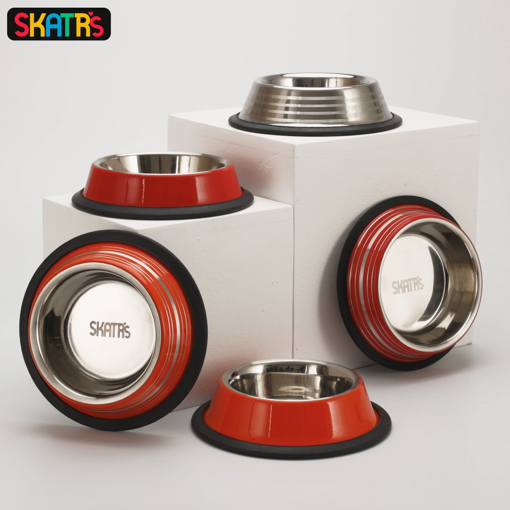Skatrs Anti Skid Glossy Striped Bowl for Dogs and Cats (Red)
