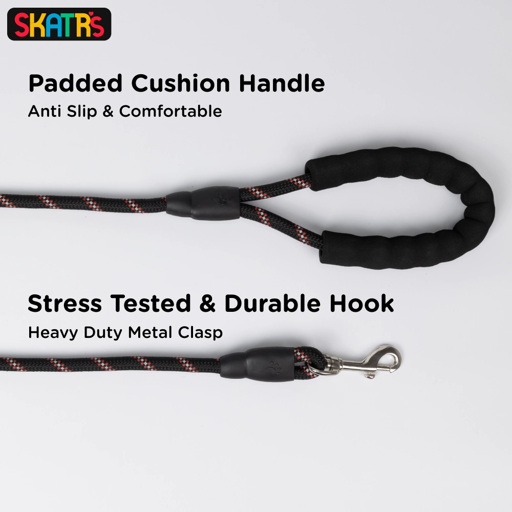 Skatrs Reflective Nylon Rope Leash for Dogs (Black/Red)