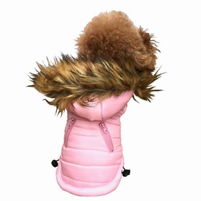 Ski Bunny Puffer Dog Coat Pink With Fur Trimmed Hood