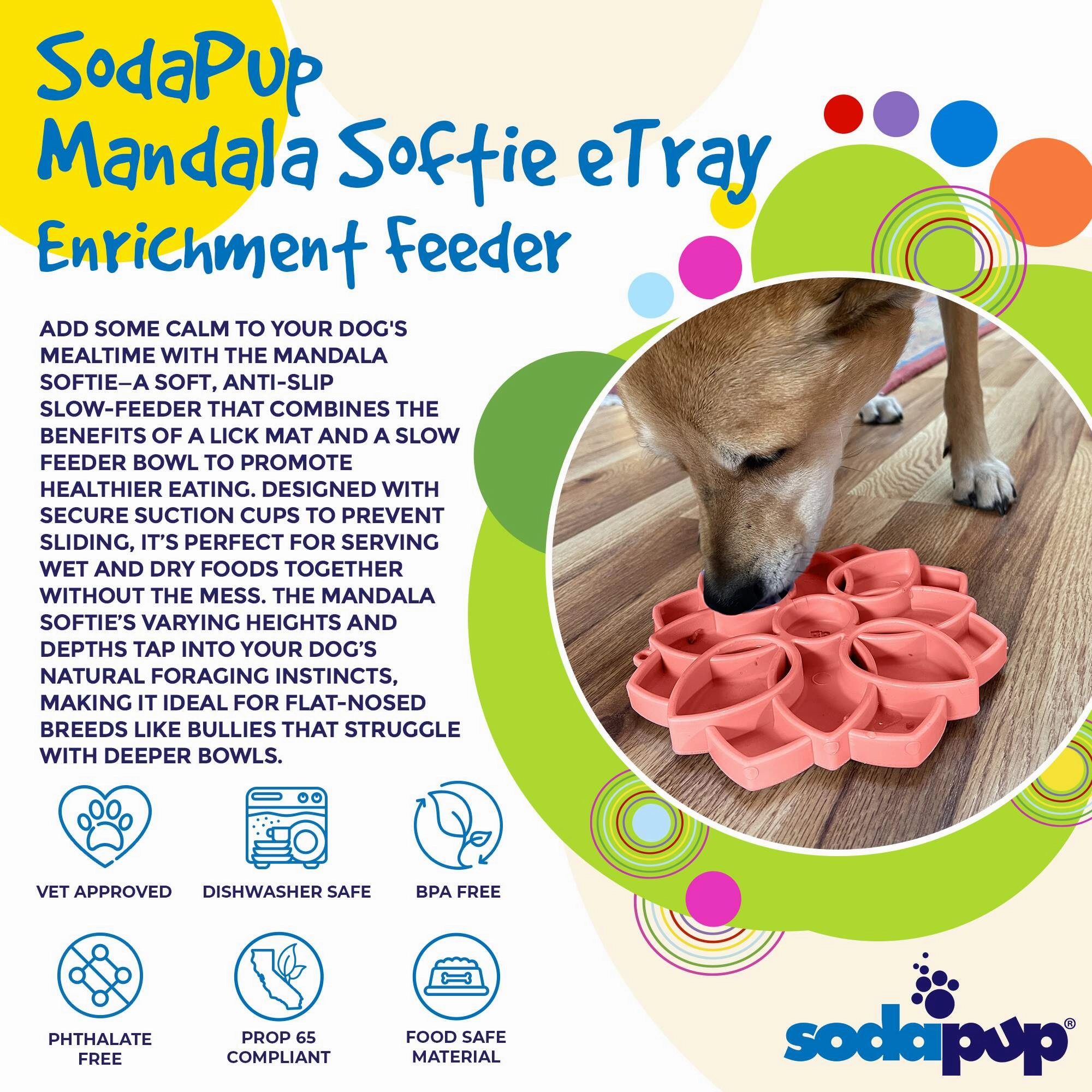SodaPup Pastel Purple Mandala Softie eTray Enrichment Shallow Slow Feeder Bowl with Suction Cups for Dogs