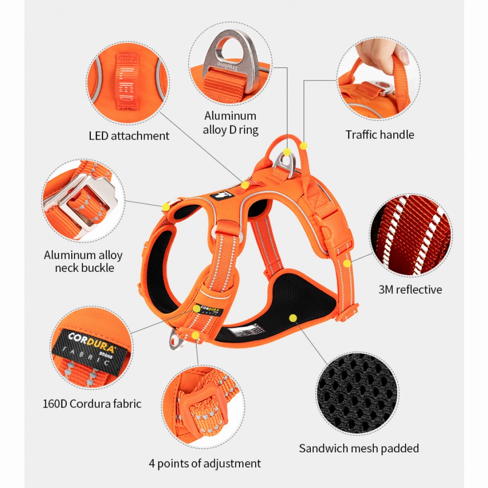 Truelove No Pull Cordura with 3M Reflective Material Harness for Dogs (Orange)