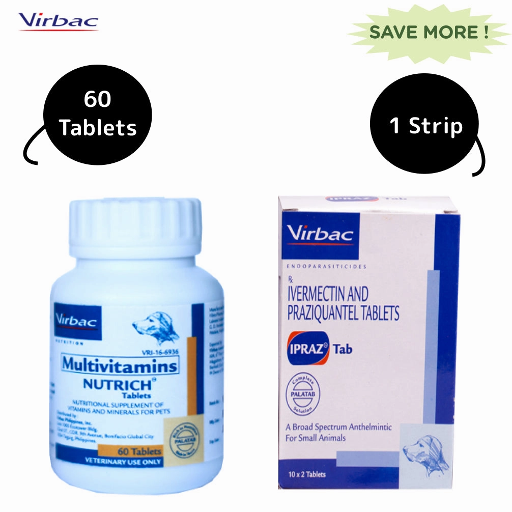 Virbac Ipraz Dewormer and Nutrich Multi Vitamin Tablets for Dogs Combos