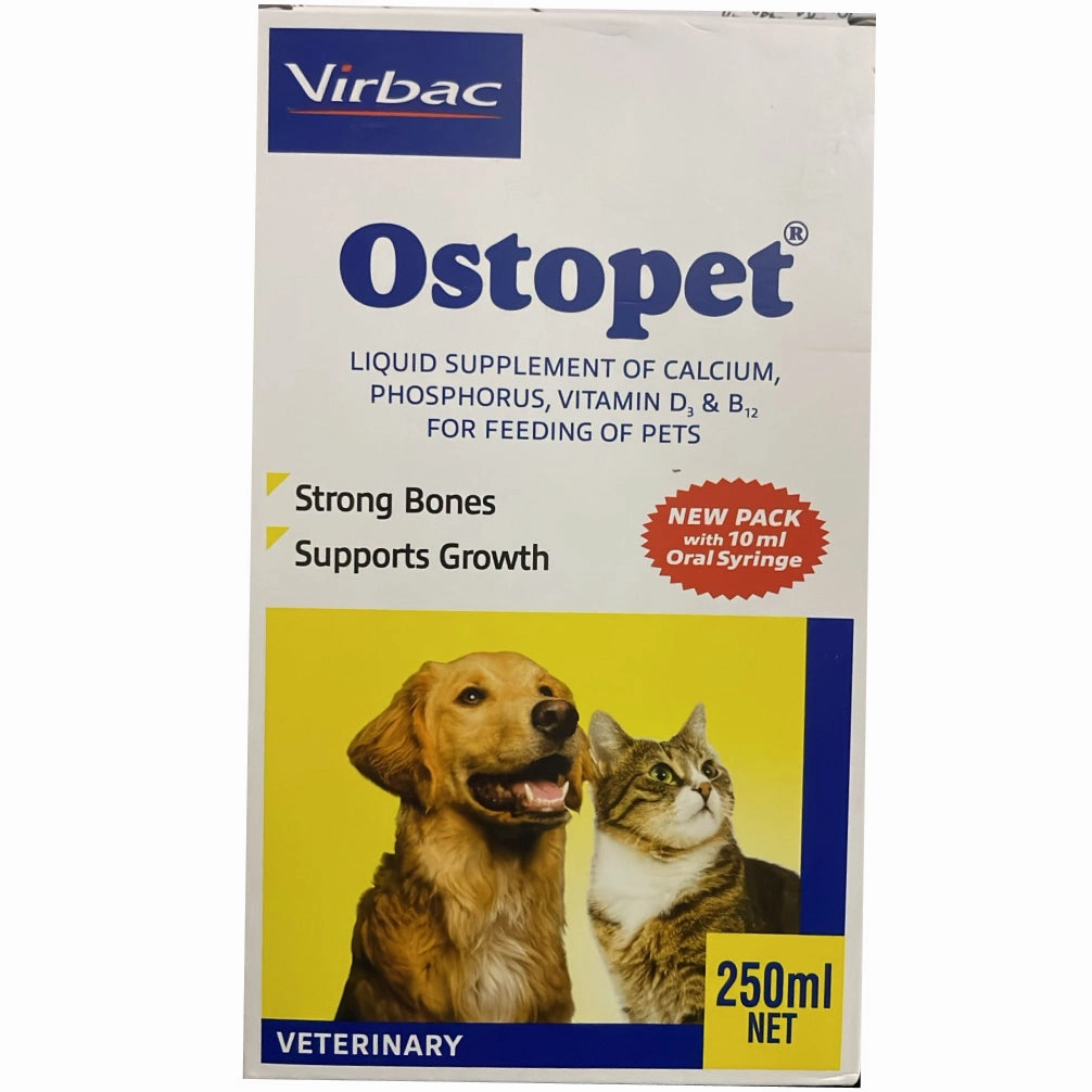 Virbac Ostopet Calcium Supplement Syrup (250) and Venkys Gutwell Pre & Probiotics Gut Health Powder (100ml) for Dogs and Cats Combo