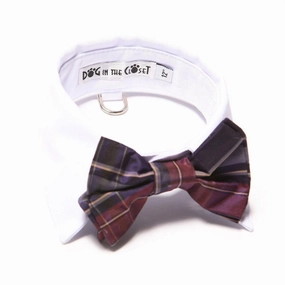 White Shirt Collar With Purple Plaid Dog Bow Tie