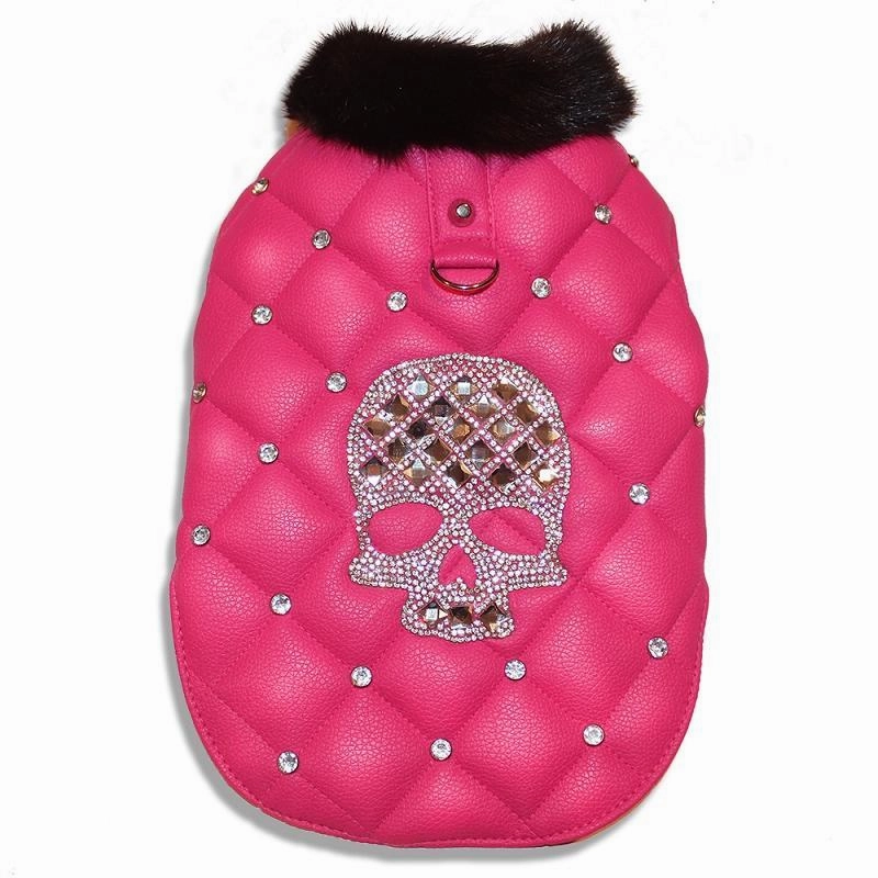 Winter Sugar Skull Pink Faux Leather Dog Coat